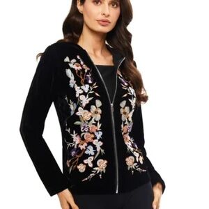 Adore Velvet Zip-Up Jacket Floral Pastel Embroidery Hood Size Small Black